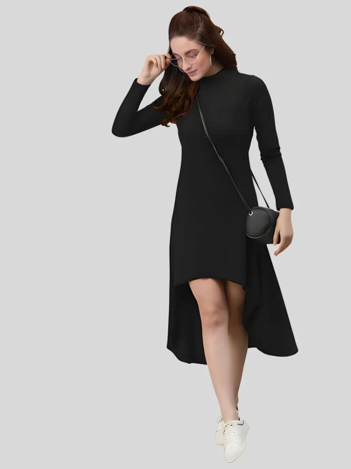 Stylish black high low polyester bodycon dress with classic collar by ZELZIS