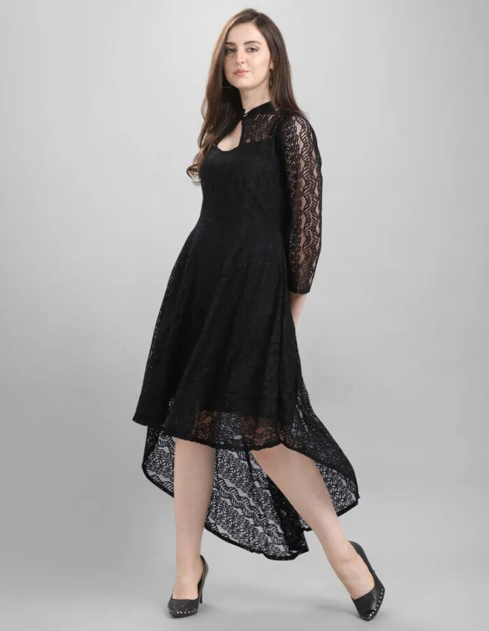 Stylish black coding net high low dress with keyhole neckline by ZELZIS