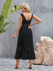 Stylish black flower crochet dress with wide straps
