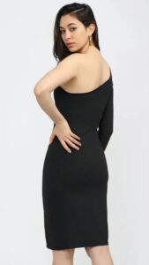 Stylish black one shoulder bodycon knee-length dress by ZELZIS