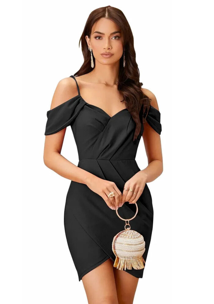 Stylish black knee-length shoulder strap polyester dress for casual & party wear by ZELZIS