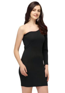 Stylish black one shoulder solid knee-length dress with full sleeves by ZELZIS