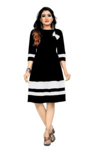 Stylish black solid fit & flare crepe dress with three-quarter sleeves by ZELZIS