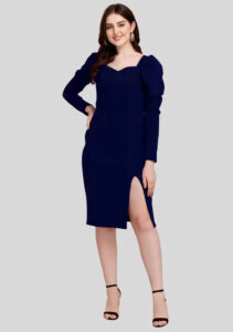 Stylish blue knee-length sweetheart neck polyester bodycon dress by ZELZIS