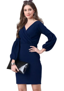 Stylish blue V neck polyester bodycon dress for parties