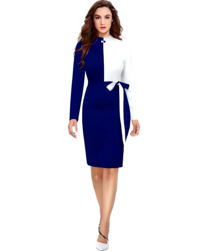 Stylish blue and white colourblock bodycon knee-length dress with belt by ZELZIS