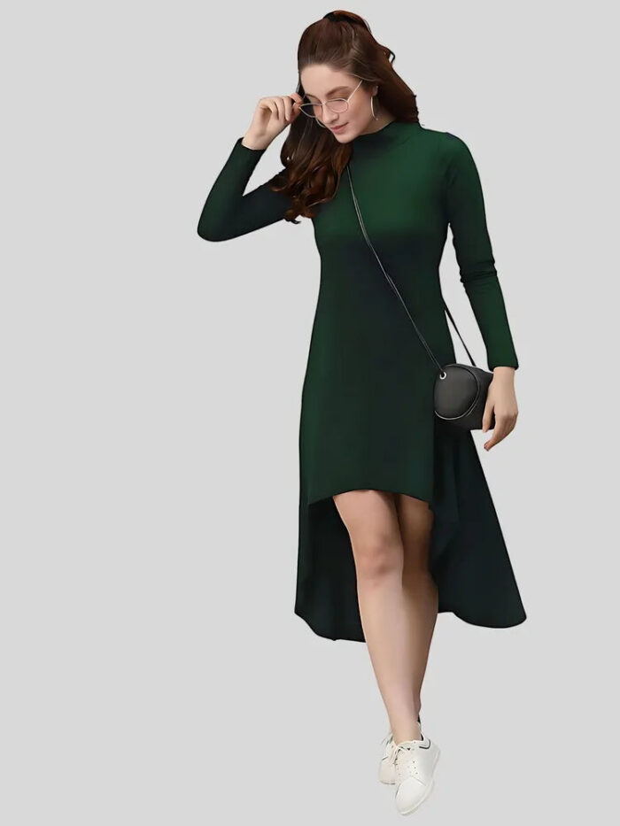 Stylish green high low polyester bodycon dress with classic collar neck by ZELZIS