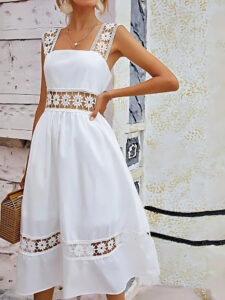 White wide strap party wear dress with crochet detailing
