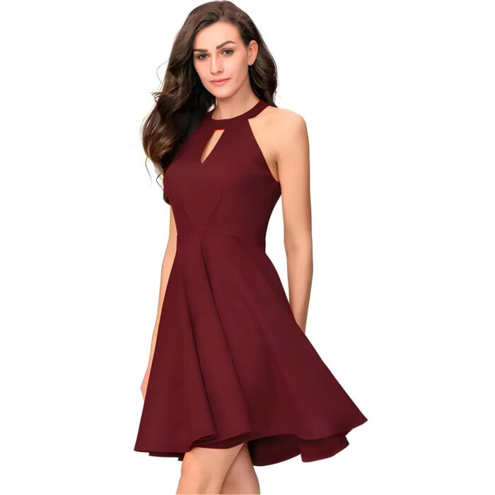 Stylish maroon sleeveless wrap dress with solid pattern by ZELZIS