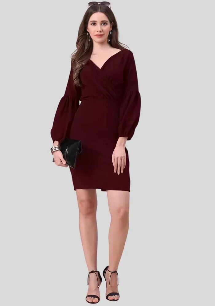 Stylish maroon V-neck knee-length bodycon dress for casual and party wear