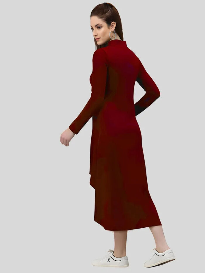 Elegant maroon high low polyester western dress with classic collar neck by ZELZIS