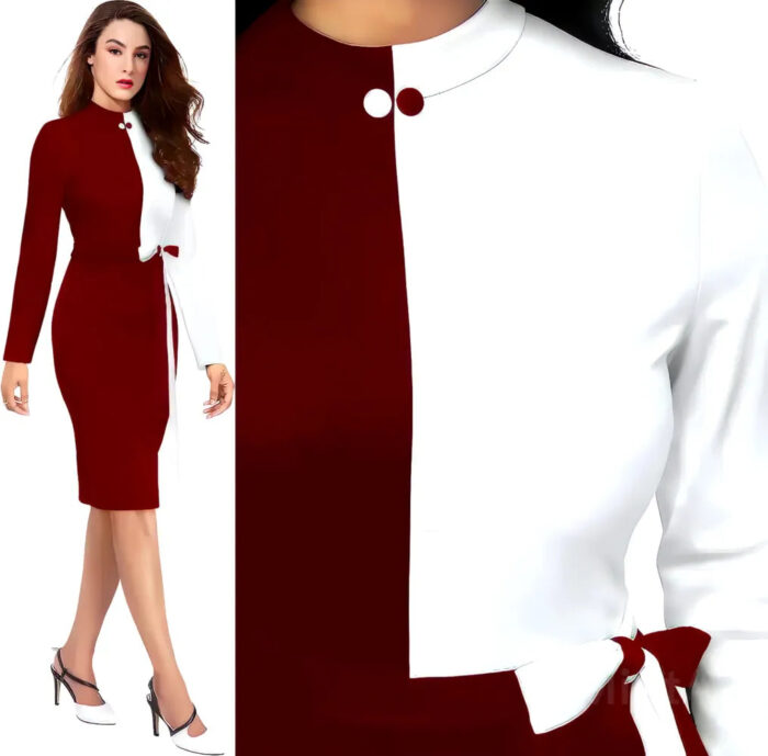Stylish maroon and white colourblock polyester bodycon dress with comfortable belt by ZELZIS