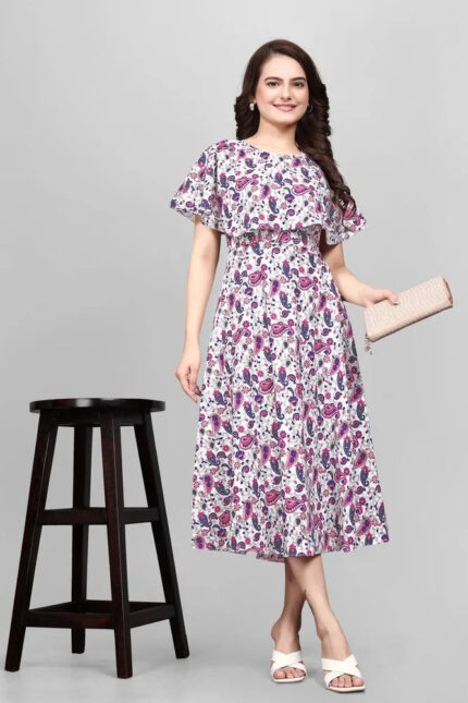 Stylish pink mango floral crepe maxi dress with flared sleeves by ZELZIS

