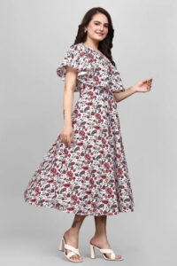 Stylish red mango floral crepe maxi dress with round neck by ZELZIS