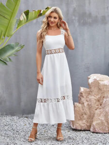 Stylish white flower crochet wide strap midi dress