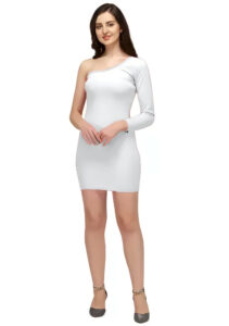 Stylish white one shoulder solid knee-length dress with full sleeves by ZELZIS