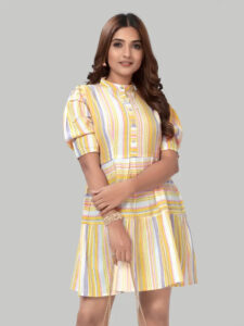 Stylish yellow stripe fit and flare cotton dress for parties