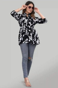 stylish black floral print crepe tunic with three-quarter sleeves