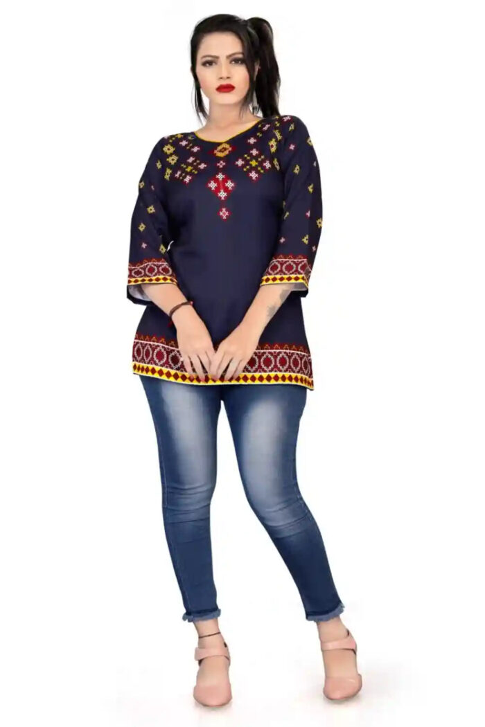stylish blue pink digital printed tunic top for casual and party wear