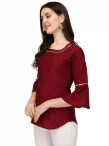 stylish maroon polka dot casual tunic top with bell sleeves