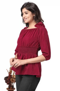 stylish maroon solid crepe top with off-shoulder design for women