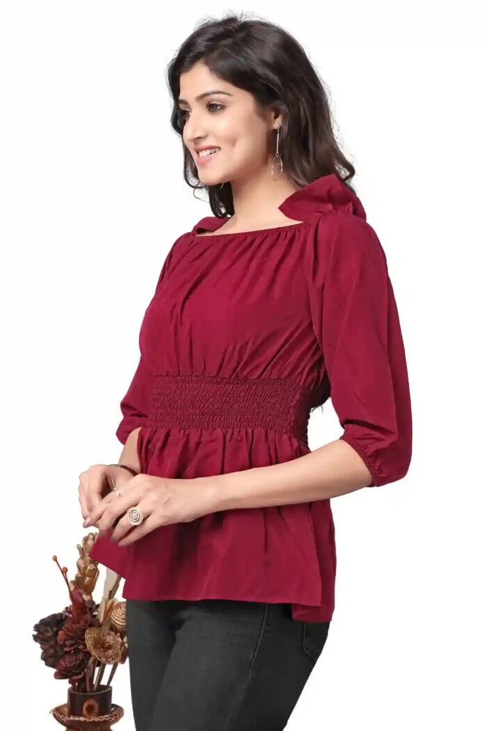 stylish maroon solid crepe top with off-shoulder design for women