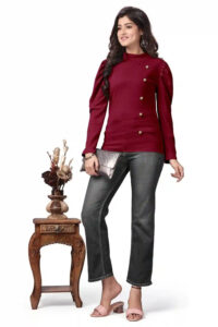 stylish maroon solid polyester t-shirt with round button neck