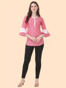 stylish pink dot pattern crepe top with three-quarter sleeves