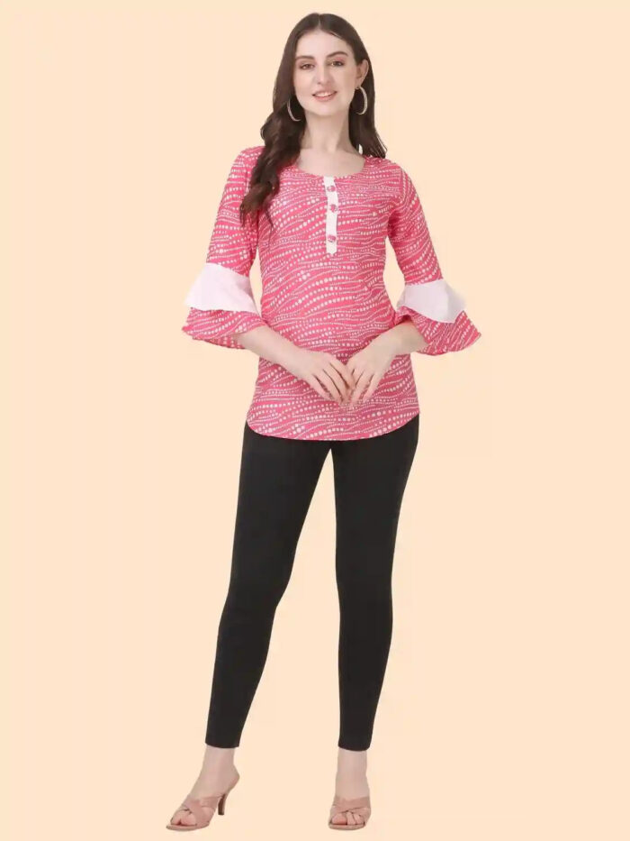 stylish pink dot pattern crepe top with three-quarter sleeves