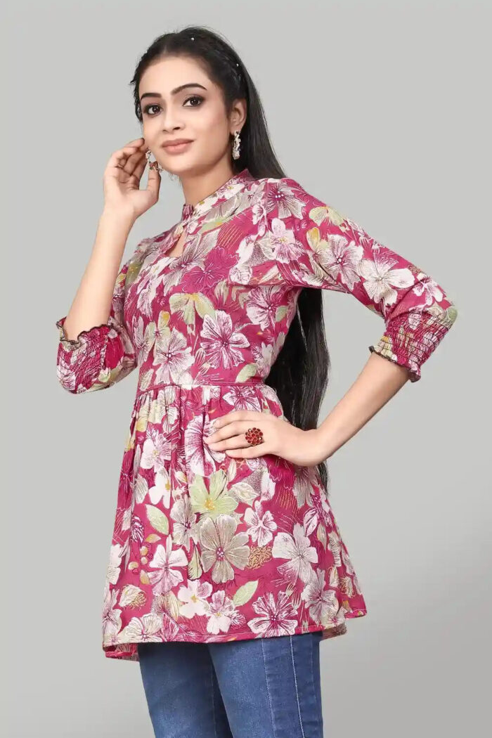 stylish pink solid tunic with floral design for casual outings
