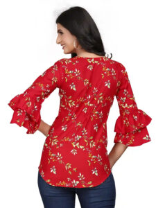 stylish red floral crepe tunic top for casual and party wear