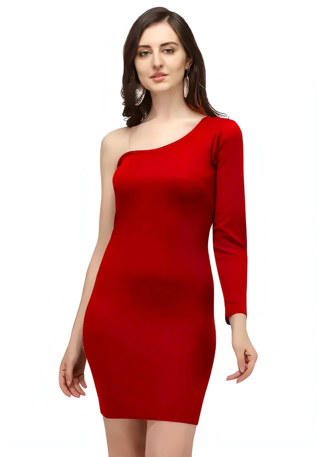 stylish red one shoulder dress for girls by ZELZIS polyester fabric
