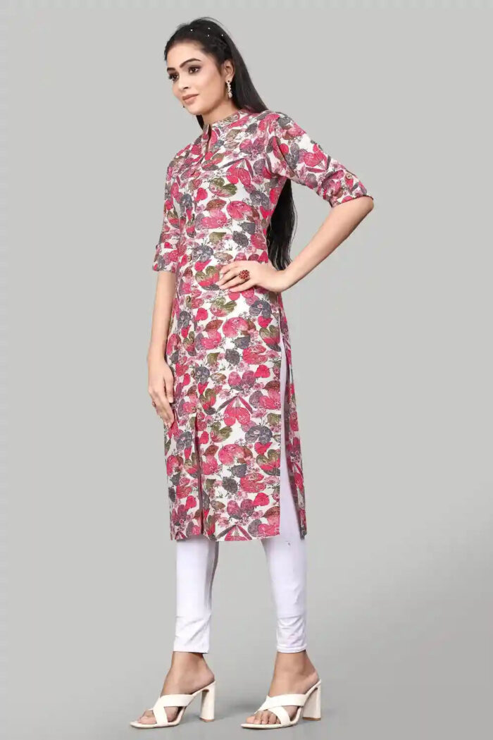 stylish red rayon kurti with a floral print design