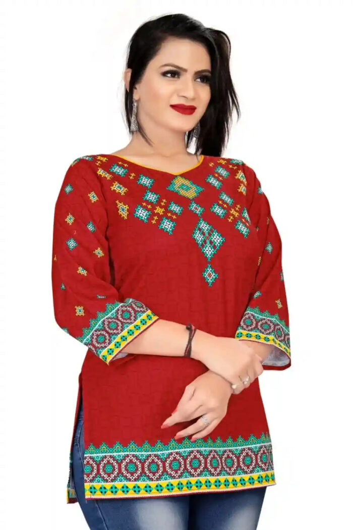 stylish red round neck rayon tunic top for casual wear