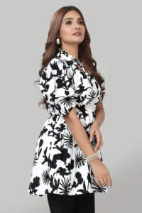 stylish white floral tie-up neck top with ruffle detailing