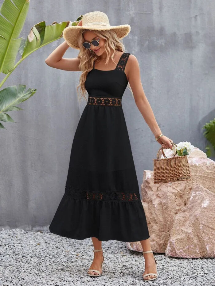 Trendy black flower crochet midi dress with stylish straps