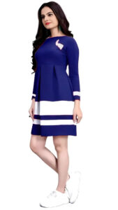 Trendy blue butterfly crepe dress with colourblock pattern