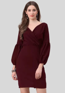Trendy maroon polyester bodycon dress with V-neck