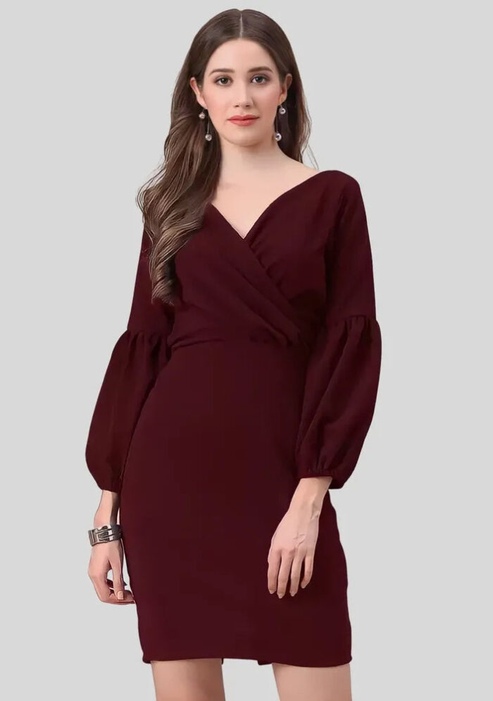 Trendy maroon polyester bodycon dress with V-neck