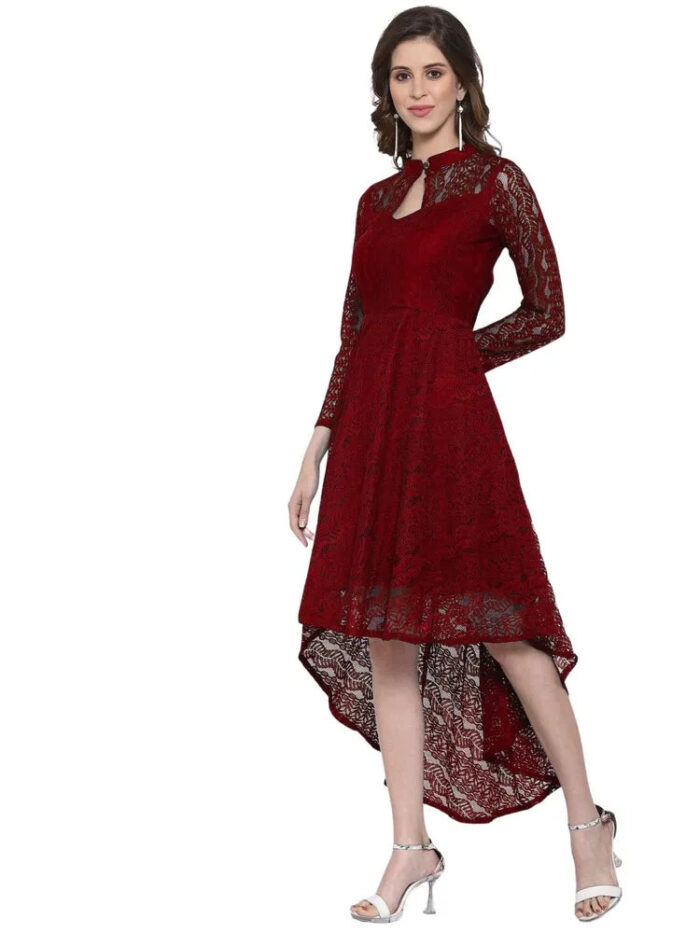 Trendy maroon coding net high low dress with inner