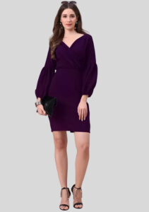 Trendy purple V-neck polyester bodycon dress for casual & party wear by ZELZIS