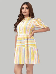 Trendy yellow stripe cotton dress in fit and flare style