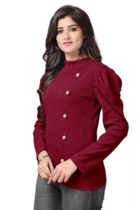 trendy maroon polyester t-shirt with puff sleeves and button neck