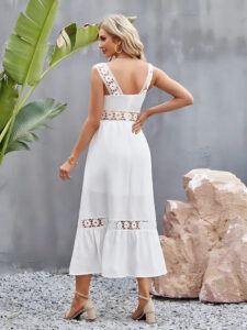 White flower crochet wide strap stylish midi dress