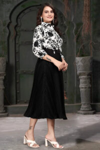 Stylish black & white floral crepe dress with cowl neck and knee length