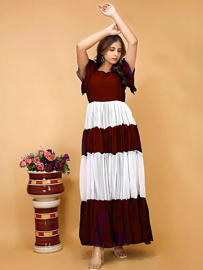 ZELZIS maroon and white colourblocked crepe maxi dress for women