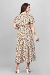 Yellow mango floral flared sleeve wrap maxi crepe dress by ZELZIS