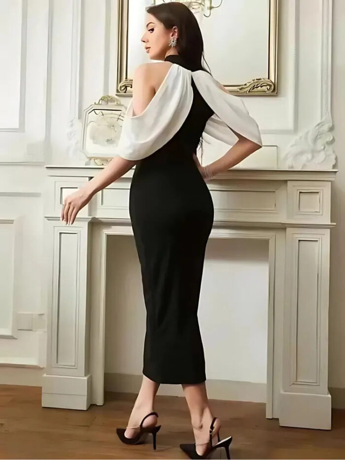 ZELZIS black solid polyester bodycon dress with halter neck and sleeveless design