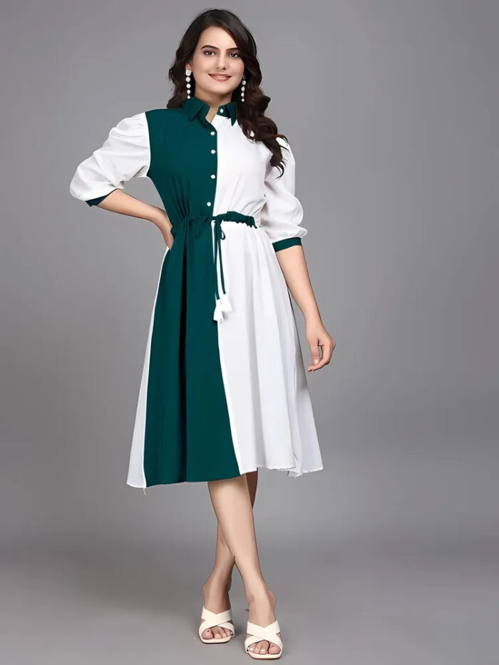 ZELZIS green cotton colourblock fit & flare dress with inner