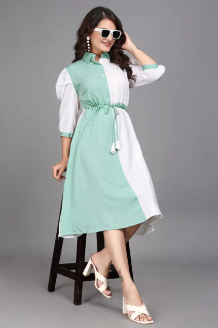 ZELZIS light green & white cotton colourblock casual party dress

